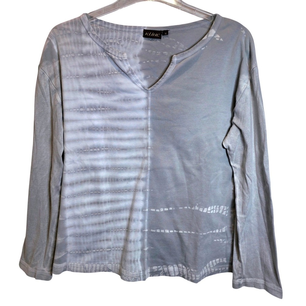 Kuhl Split Neck Long Sleeve Tee Shirt Tie-Dye Pullover Womens‎ Medium Gray White